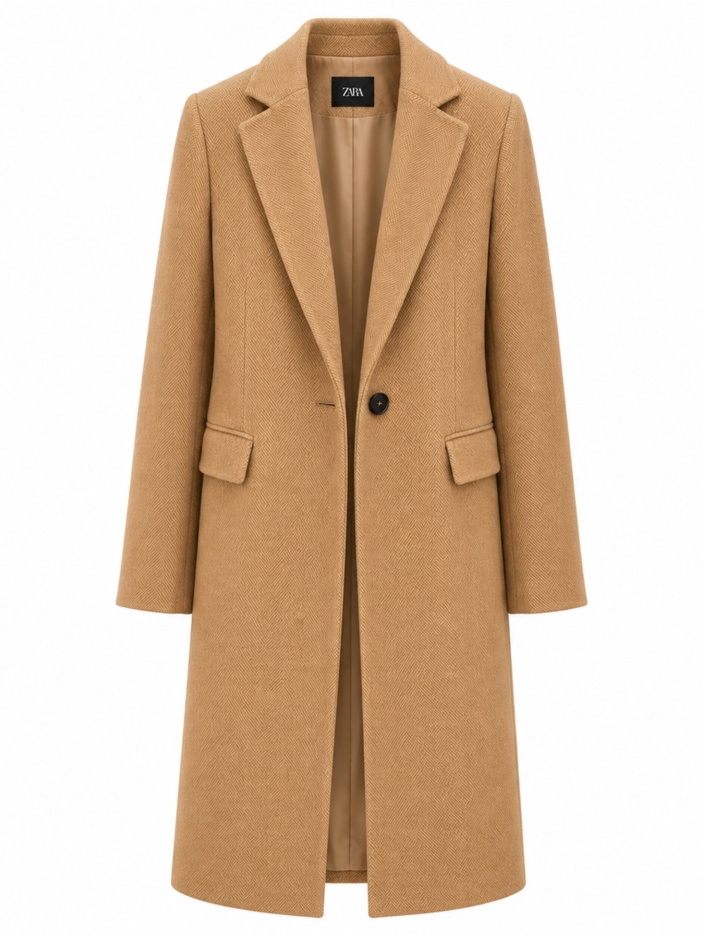 ZARA Camel Herringbone Longline Coat - Picture 1 of 12